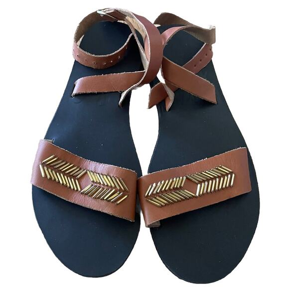 Sseko Women Sz 5 Brown Leather Sarah Sandals Gold Chevron Beads Ankle Wrap - Picture 2 of 5